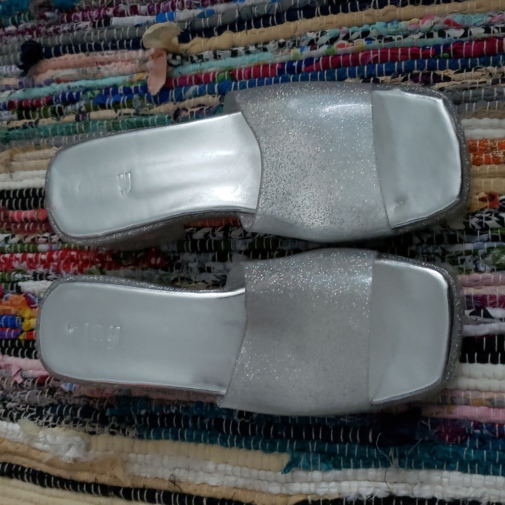 PLAY BY JEFFERY CAMBELL GELLY Silver GLITTER Women's Slide Sandals SZ 9